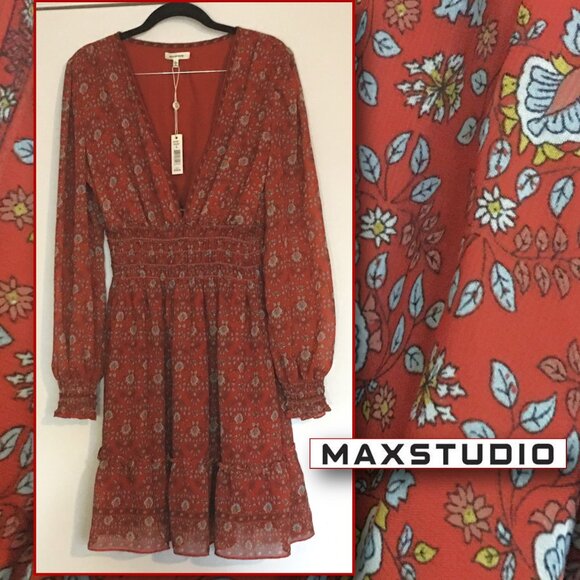 Max Studio Dresses & Skirts - MAX STUDIO ☮ Crepe Long Sleeve Tiered Short Dress with Smocked Waist NEW!!
